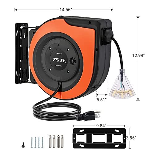 DEWENWILS Carrete de cable de extensión retráctil, cable de alimentación resistente de 75 pies, 14/3C SJTOW, salidas de grifo triple iluminadas, disyuntor de 10 A, montaje en pared/techo para garaje, taller, certificación UL