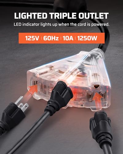 DEWENWILS Carrete de cable de extensión retráctil, cable de alimentación resistente de 75 pies, 14/3C SJTOW, salidas de grifo triple iluminadas, disyuntor de 10 A, montaje en pared/techo para garaje, taller, certificación UL