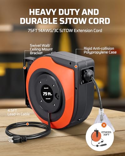 DEWENWILS Carrete de cable de extensión retráctil, cable de alimentación resistente de 75 pies, 14/3C SJTOW, salidas de grifo triple iluminadas, disyuntor de 10 A, montaje en pared/techo para garaje, taller, certificación UL