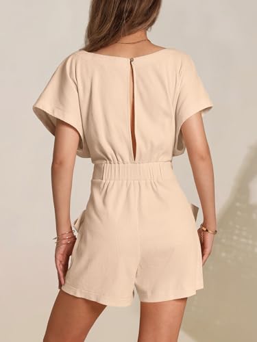 PRODUCTO 706-1 DIRASS Mamelucos para Mujer Elegantes Casuales de Verano con Lazo en la Cintura Trajes de Vacaciones para Mujer Mamelucos con Mangas Mamelucos Beige