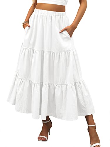 PRODUCTO 764-1 ANRABESS Falda midi de verano para mujer, estilo bohemio, fluido, con gradas, línea A, 2024, moda, cintura elástica, plisada, vestido largo de playa con bolsillos, blanco, mediano