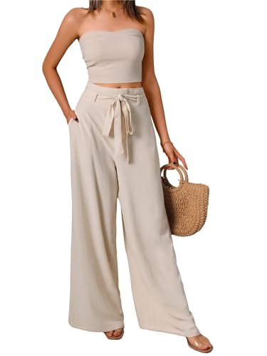 PRODUCTO 698 HUHOT Pantalones fluidos de lino para mujer Pantalones de salón Boho Palazzo Pierna ancha Playa Boho Beige Trajes cómodos de verano Pantalones para mujer pequeña