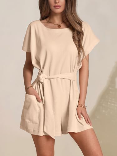 PRODUCTO 706-1 DIRASS Mamelucos para Mujer Elegantes Casuales de Verano con Lazo en la Cintura Trajes de Vacaciones para Mujer Mamelucos con Mangas Mamelucos Beige