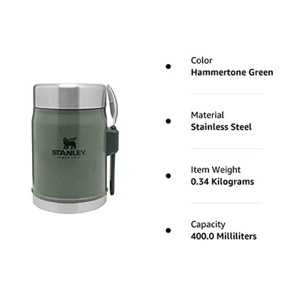 PRODUCTO 713 Tarro para comida Stanley Classic Legendary de 0,4 L con tenedor - Mantiene frío o caliente durante 7 horas - Termo para sopa de acero inoxidable sin BPA - A prueba de fugas - Apto para lavavajillas - Verde martillo