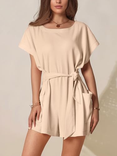 PRODUCTO 706-1 DIRASS Mamelucos para Mujer Elegantes Casuales de Verano con Lazo en la Cintura Trajes de Vacaciones para Mujer Mamelucos con Mangas Mamelucos Beige