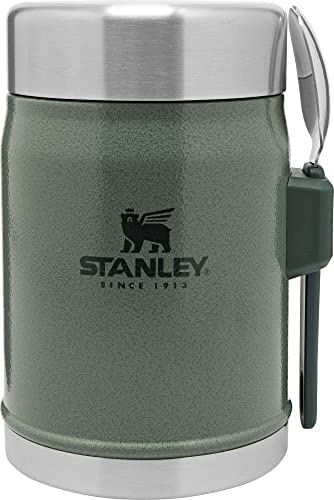 PRODUCTO 713 Tarro para comida Stanley Classic Legendary de 0,4 L con tenedor - Mantiene frío o caliente durante 7 horas - Termo para sopa de acero inoxidable sin BPA - A prueba de fugas - Apto para lavavajillas - Verde martillo