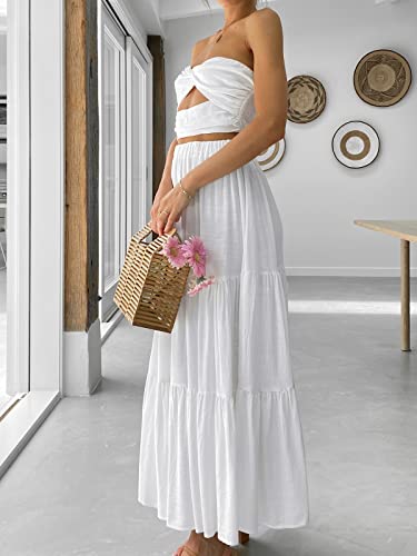 PRODUCTO 764-1 ANRABESS Falda midi de verano para mujer, estilo bohemio, fluido, con gradas, línea A, 2024, moda, cintura elástica, plisada, vestido largo de playa con bolsillos, blanco, mediano