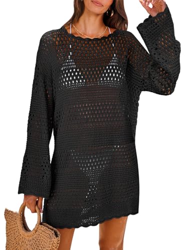 PRODUCTO 753-1 ANRABESS Traje de baño de mujer Crochet Swim Cover Up 2024 Traje de baño de verano Traje de baño Vestido de playa de punto de malla Trajes de vacaciones Negro Grande