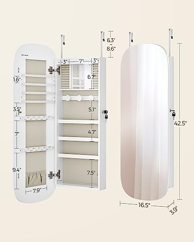 PRODUCTO 632-1 SONGMICS Organizador de Joyas, Gabinete de Joyería LED Montado en la Pared o en la Puerta, Espejo Ancho Redondeado con Cerradura con Almacenamiento, Espejo Interior, 3.9 x 16.5 x 42.5 Pulgadas, Superficie Blanca con Forro Greige UJJC026W01