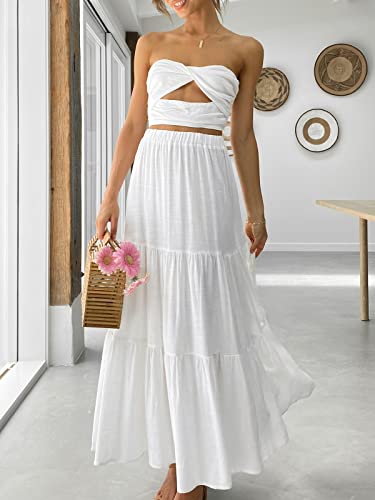 PRODUCTO 764-1 ANRABESS Falda midi de verano para mujer, estilo bohemio, fluido, con gradas, línea A, 2024, moda, cintura elástica, plisada, vestido largo de playa con bolsillos, blanco, mediano