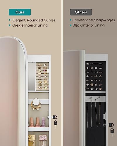 PRODUCTO 632-1 SONGMICS Organizador de Joyas, Gabinete de Joyería LED Montado en la Pared o en la Puerta, Espejo Ancho Redondeado con Cerradura con Almacenamiento, Espejo Interior, 3.9 x 16.5 x 42.5 Pulgadas, Superficie Blanca con Forro Greige UJJC026W01