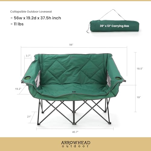 PRODUCTO 667 ARROWHEAD OUTDOOR Silla plegable portátil para acampar doble dúo Loveseat con soporte para 2 tazas y copas de vino, bolsa de transporte resistente, asientos y apoyabrazos acolchados, soporta hasta 500 libras, soporte con sede en EE. UU.