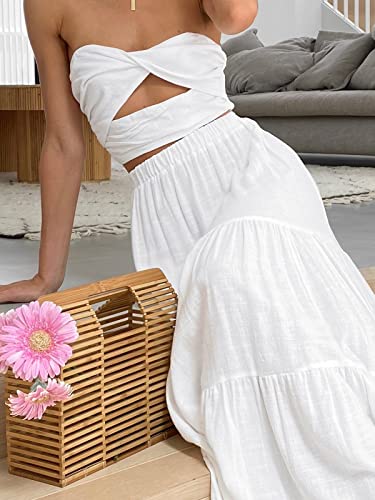 PRODUCTO 764-1 ANRABESS Falda midi de verano para mujer, estilo bohemio, fluido, con gradas, línea A, 2024, moda, cintura elástica, plisada, vestido largo de playa con bolsillos, blanco, mediano