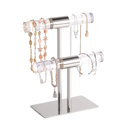 PRODUCTO 701 Exhibidor de joyería de acrílico, soporte para pulsera de 2 niveles, soporte organizador de pulsera Plata, soporte para joyería de acrílico, soporte para pulsera con barra en T de metal Collar colgante Brazalete Pulsera Tobillera Pendiente