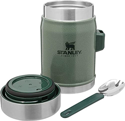 PRODUCTO 713 Tarro para comida Stanley Classic Legendary de 0,4 L con tenedor - Mantiene frío o caliente durante 7 horas - Termo para sopa de acero inoxidable sin BPA - A prueba de fugas - Apto para lavavajillas - Verde martillo