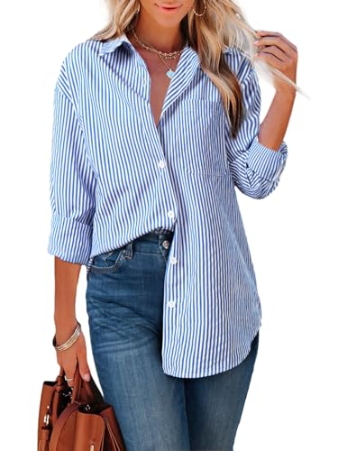 PRODUCTO 757-1 Camisas de manga larga a rayas con botones y cuello en V, blusas casuales clásicas para trabajo de oficina con bolsillo azul