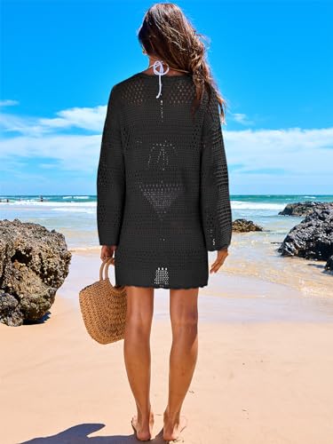 PRODUCTO 753-1 ANRABESS Traje de baño de mujer Crochet Swim Cover Up 2024 Traje de baño de verano Traje de baño Vestido de playa de punto de malla Trajes de vacaciones Negro Grande