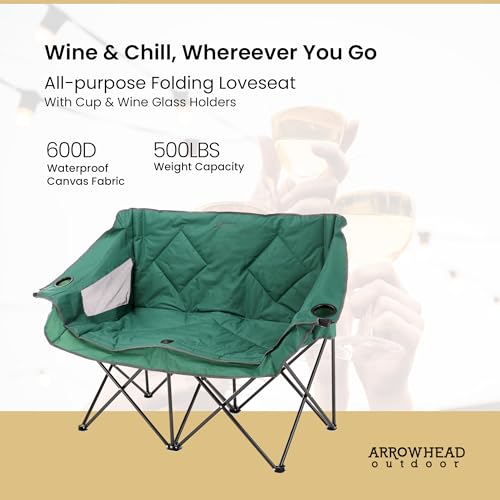 PRODUCTO 667 ARROWHEAD OUTDOOR Silla plegable portátil para acampar doble dúo Loveseat con soporte para 2 tazas y copas de vino, bolsa de transporte resistente, asientos y apoyabrazos acolchados, soporta hasta 500 libras, soporte con sede en EE. UU.