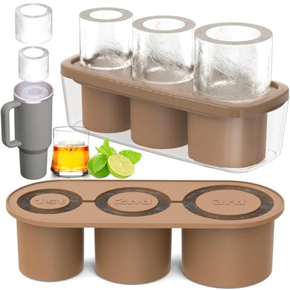 PRODUCTO 795 Bandeja para cubitos de hielo para vaso de 30 oz a 40 oz, 3 piezas de molde de hielo cilíndrico hueco de silicona con tapa y recipiente para congelador, bebida helada, jugo, whisky, cóctel (marrón, 40 oz)