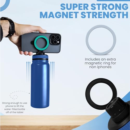 PRODUCTO 745 Soporte para teléfono y trípode para botella de agua MagSafe de 24 oz para iPhone, soporte magnético - Acero inoxidable aislado - Perfecto para gimnasio, cocina, al aire libre - Se mantiene fría la botella deportiva - Diseño único (azul)