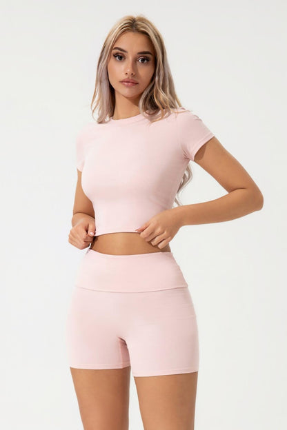 PRODUCTO 699 QINSEN Conjuntos de salón para mujer Conjuntos de 2 piezas Tops recortados con cuello redondo Pantalones cortos plegables Ropa de descanso informal Rosa S