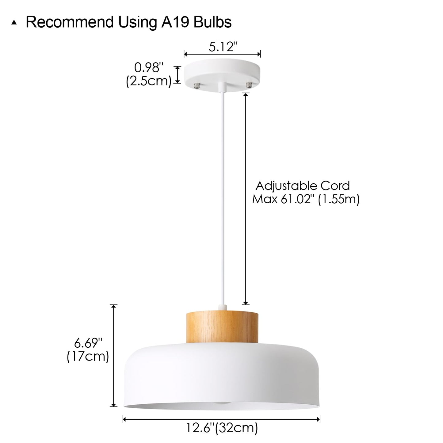 PRODUCTO 769-2 Luces colgantes modernas para isla de cocina, 12,6 pulgadas, tapa de madera natural, lámpara colgante de techo simple con forma de tambor para comedor, mesa, blanco mate