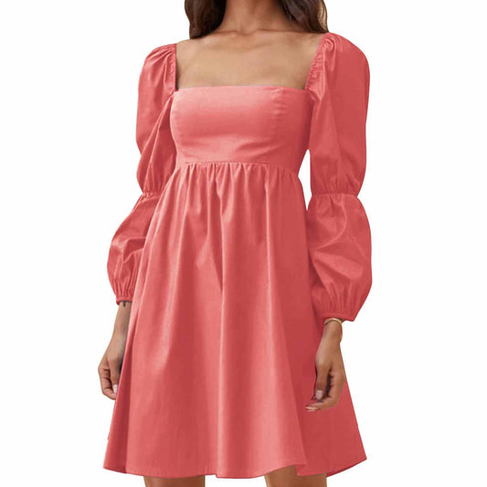 PRODUCTO 625-1 EXLURA Vestido corto informal de manga larga abombada con cuello cuadrado y corte en A para primavera y verano 2024 para mujer, color naranja