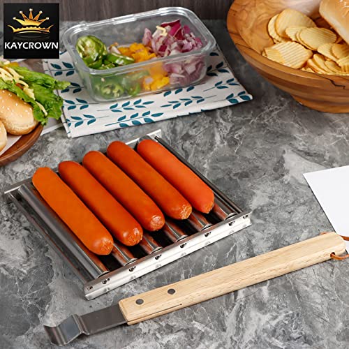 PRODUCTO 695 Rodillo para perritos calientes Rejilla para salchichas de acero inoxidable con mango de madera extra largo, parrilla para perritos calientes para barbacoa para perritos calientes cocidos uniformemente, capacidad para 5 perritos calientes