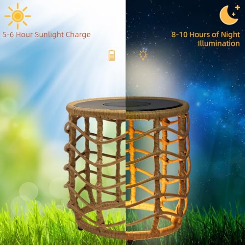 PRODUCTO 807 Solar Yard Boho Mesas nido solares con luces incorporadas - Juego de 2, mimbre resistente a la intemperie para patio, porche, jardín, mesa auxiliar perfecta para la vida al aire libre, diseño natural y elegante