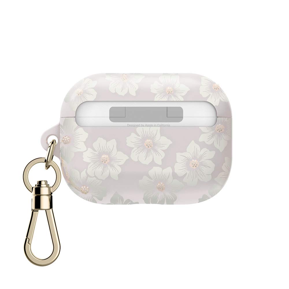 PRODUCTO 713-4 Estuche Kate Spade New York Airpods Pro - Crema Hollyhock/Rubor/Rubor translúcido/Centros de flores con purpurina/Logotipo dorado/Hardware dorado premium (KSAP-002-HHCCS)