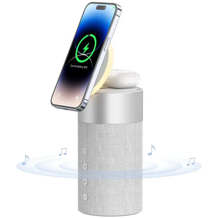 PRODUCTO 761 COLSUR Altavoz Bluetooth con luz nocturna - Cargador inalámbrico Mag-Safe 3 en 1 para iPhone 15/14/13/12 Series, AirPods Pro/3/2, regalos para hombres y mujeres