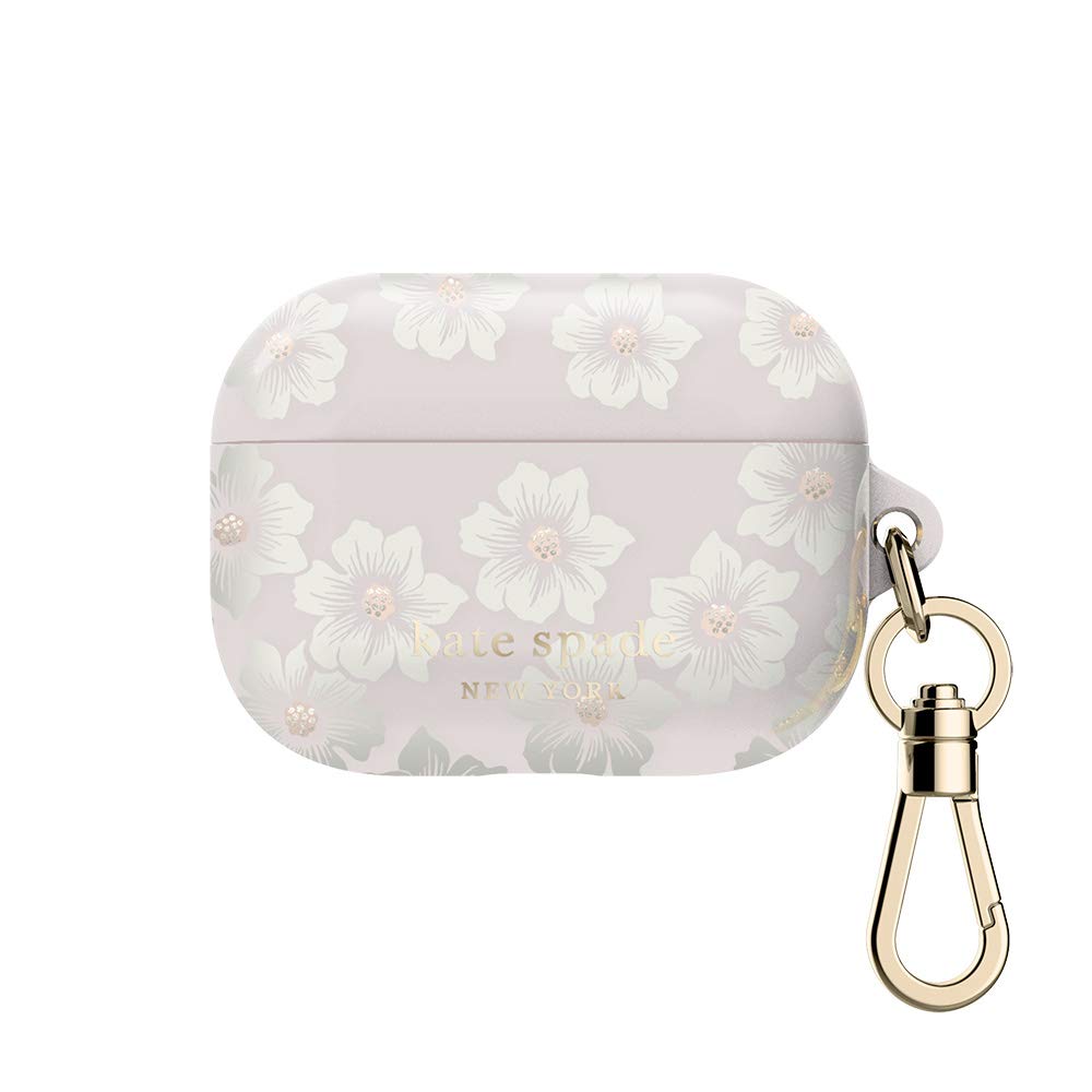 PRODUCTO 713-4 Estuche Kate Spade New York Airpods Pro - Crema Hollyhock/Rubor/Rubor translúcido/Centros de flores con purpurina/Logotipo dorado/Hardware dorado premium (KSAP-002-HHCCS)