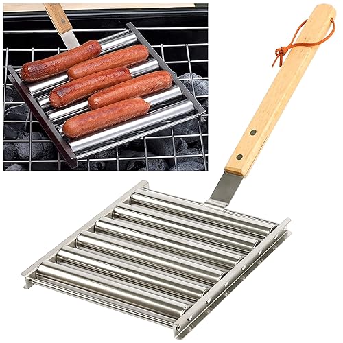 PRODUCTO 695 Rodillo para perritos calientes Rejilla para salchichas de acero inoxidable con mango de madera extra largo, parrilla para perritos calientes para barbacoa para perritos calientes cocidos uniformemente, capacidad para 5 perritos calientes