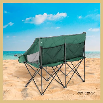 PRODUCTO 667 ARROWHEAD OUTDOOR Silla plegable portátil para acampar doble dúo Loveseat con soporte para 2 tazas y copas de vino, bolsa de transporte resistente, asientos y apoyabrazos acolchados, soporta hasta 500 libras, soporte con sede en EE. UU.