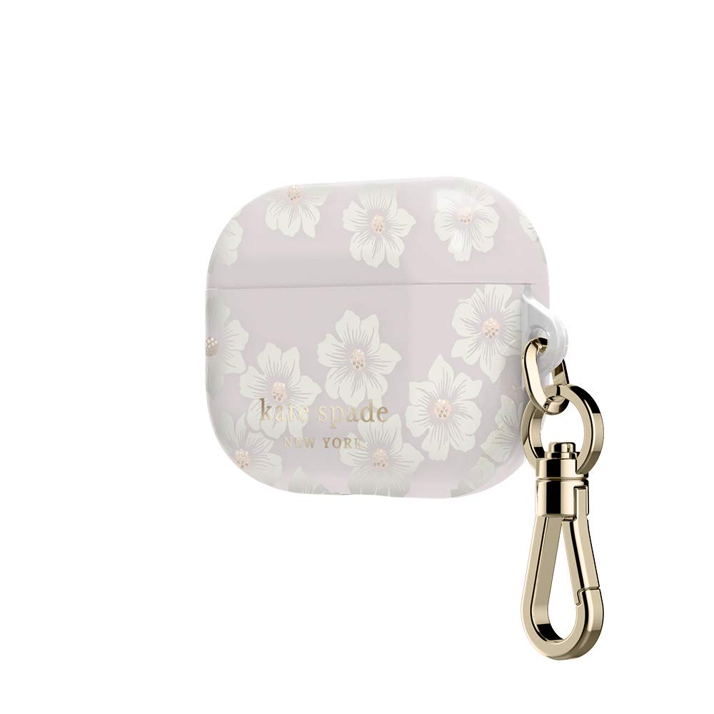 PRODUCTO 713-4 Estuche Kate Spade New York Airpods Pro - Crema Hollyhock/Rubor/Rubor translúcido/Centros de flores con purpurina/Logotipo dorado/Hardware dorado premium (KSAP-002-HHCCS)