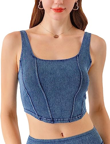 PRODUCTO 764 Yvipette Chaleco de mezclilla recortado delgado para mujer Jersey elástico con cuello redondo Jean Sports Bra Tank Top (0015-Azul-L)