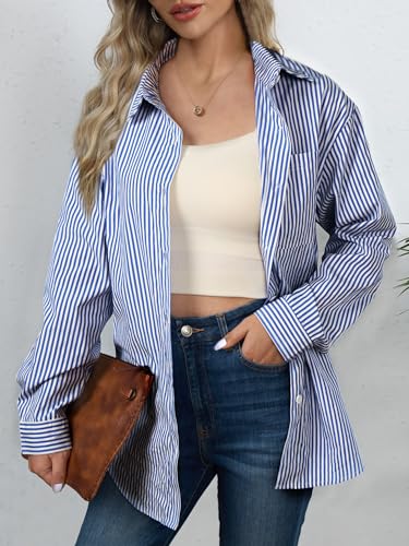 PRODUCTO 757-1 Camisas de manga larga a rayas con botones y cuello en V, blusas casuales clásicas para trabajo de oficina con bolsillo azul