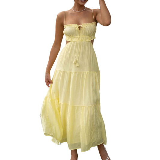 PRODUCTO 646 ROAONOCOMO Vestido largo con tirantes finos plisados Y2k para mujer Vestido largo sin espalda con recortes Vestido camisola largo con lazo en la espalda Vestidos con volantes Ropa de playa A-Amarillo