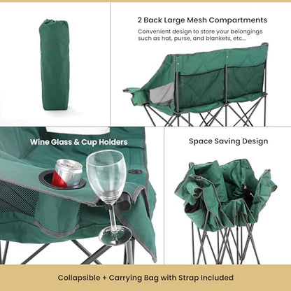 PRODUCTO 667 ARROWHEAD OUTDOOR Silla plegable portátil para acampar doble dúo Loveseat con soporte para 2 tazas y copas de vino, bolsa de transporte resistente, asientos y apoyabrazos acolchados, soporta hasta 500 libras, soporte con sede en EE. UU.