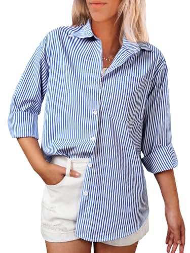 PRODUCTO 757-1 Camisas de manga larga a rayas con botones y cuello en V, blusas casuales clásicas para trabajo de oficina con bolsillo azul