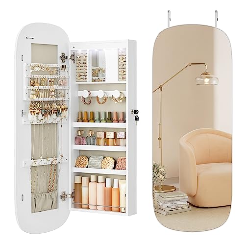 PRODUCTO 632-1 SONGMICS Organizador de Joyas, Gabinete de Joyería LED Montado en la Pared o en la Puerta, Espejo Ancho Redondeado con Cerradura con Almacenamiento, Espejo Interior, 3.9 x 16.5 x 42.5 Pulgadas, Superficie Blanca con Forro Greige UJJC026W01