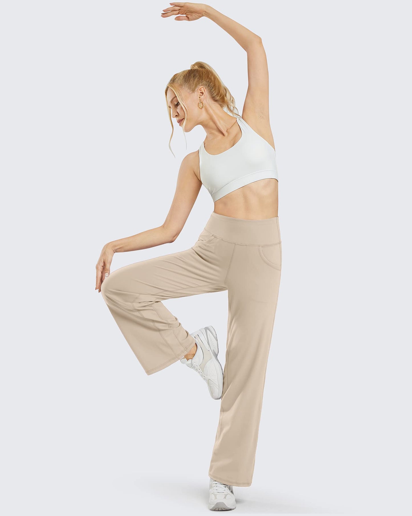 PRODUCTO 708-1 Promover Pantalones de pierna ancha para mujer Pantalones de trabajo de yoga con bolsillos Pantalones de vestir acampanados ligeros para caminar senderismo (caqui claro, S, 30")