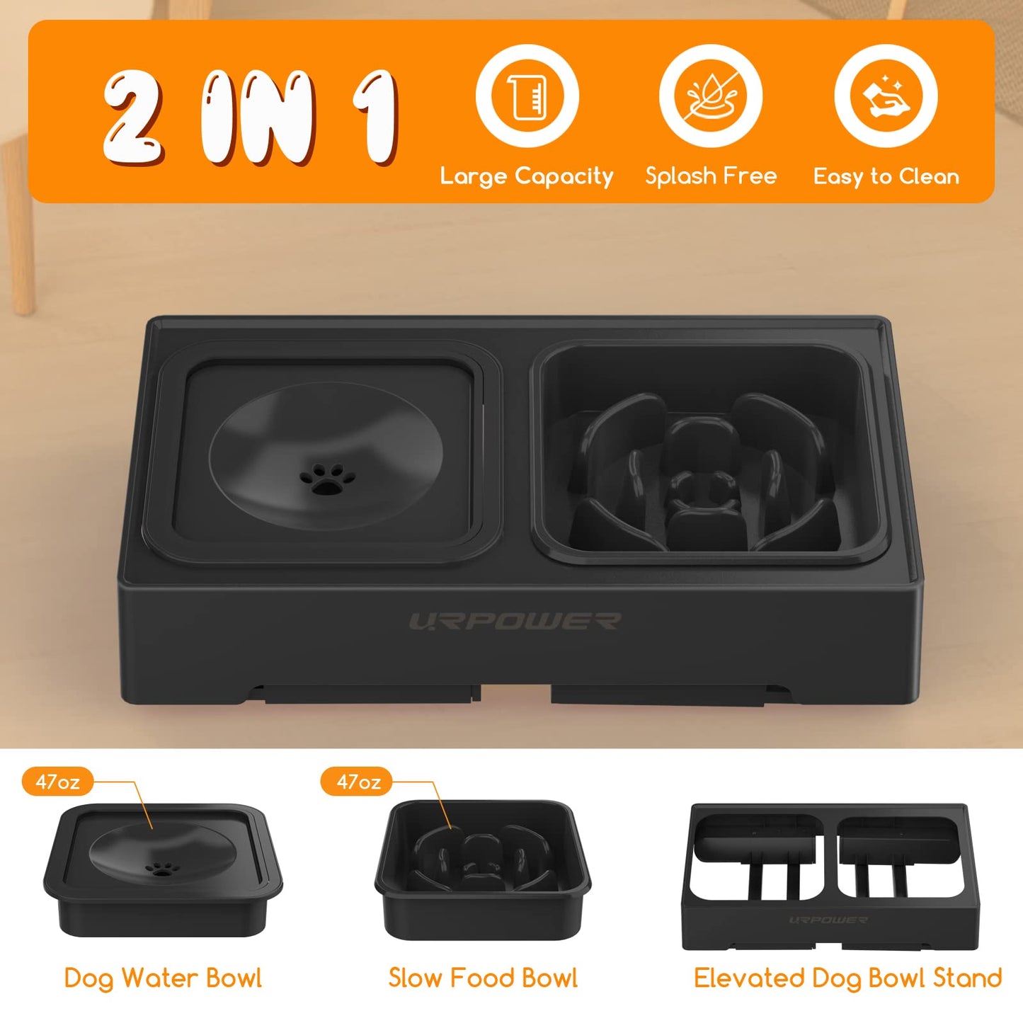 PRODUCTO 633-2 Dos en 1 Cuencos elevados\con alimentador lento sin derrames, 4 cuencos elevados de altura ajustable para perros, cuencos antideslizantes para comida y agua para perros con soporte para perros, gatos y mascotas pequeños, medianos y grandes