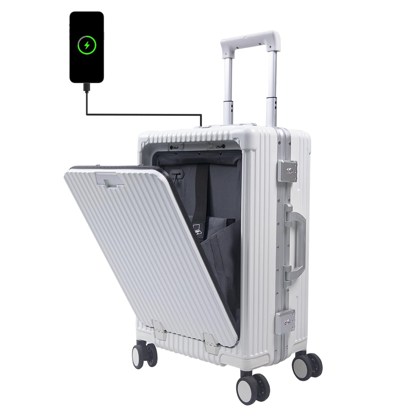 PRODUCTO 662 LAZEYARD Equipaje con estructura de aluminio con portavasos y puerto USB, compartimento delantero, cerradura TSA, maleta rígida aprobada por aerolíneas con ruedas giratorias (blanco, 24 pulgadas)