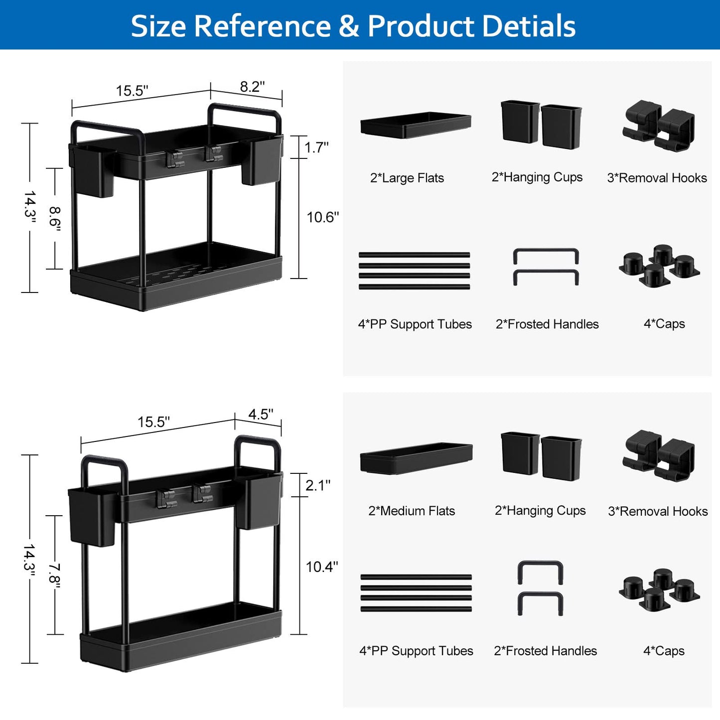 PRODUCTO 679 Paquete de 2 organizadores debajo del fregadero, organizadores y almacenamiento para gabinetes debajo del fregadero de cocina de 2 niveles con tazas y ganchos, cesta organizadora para estante debajo del fregadero de baño