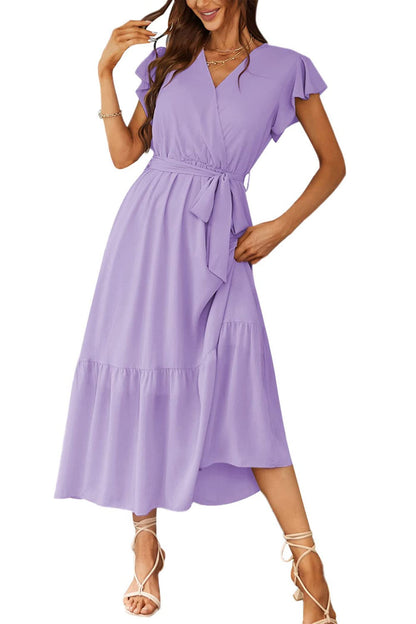 PRODUCTO 625-4 PRETTYGARDEN Vestido bohemio floral 2024 para mujer, cuello en V, manga corta, cinturón, dobladillo con volantes, línea A, vestidos largos fluidos (morado liso, pequeño)