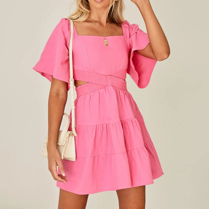 PRODUCTO 759-1 Vestido de verano para mujer Shy Velvet, cuello cuadrado, manga corta, cintura cruzada, minivestido informal de fiesta, color rosa