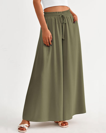 PRODUCTO 653 BTFBM Pantalones palazzo de verano para mujer, pantalones casuales con cintura elástica y pierna ancha, pantalones de playa fluidos, ropa de resort para mujer 2024 (verde militar sólido, pequeño)