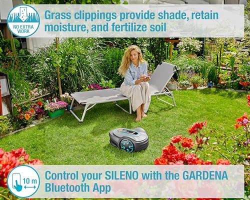 PRODUCTO 652 Cortacésped robótico automático GARDENA SILENO Minimo con aplicación Bluetooth, cable delimitador - Para céspedes de hasta 2700 pies cuadrados, Fabricado en Europa, Gris