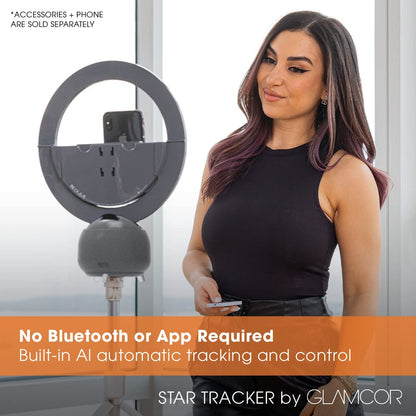 PRODUCTO 627 Glamcor Star Tracker | Seguimiento facial automático de 2 ejes impulsado por IA, no necesita aplicación, se adapta a la cámara, luces para iPad con accesorio multimedia (gris)